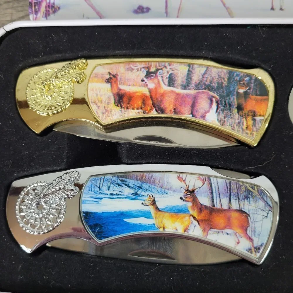 Decorative Folding‎ Knife and Keychain Set with Decorative Tin